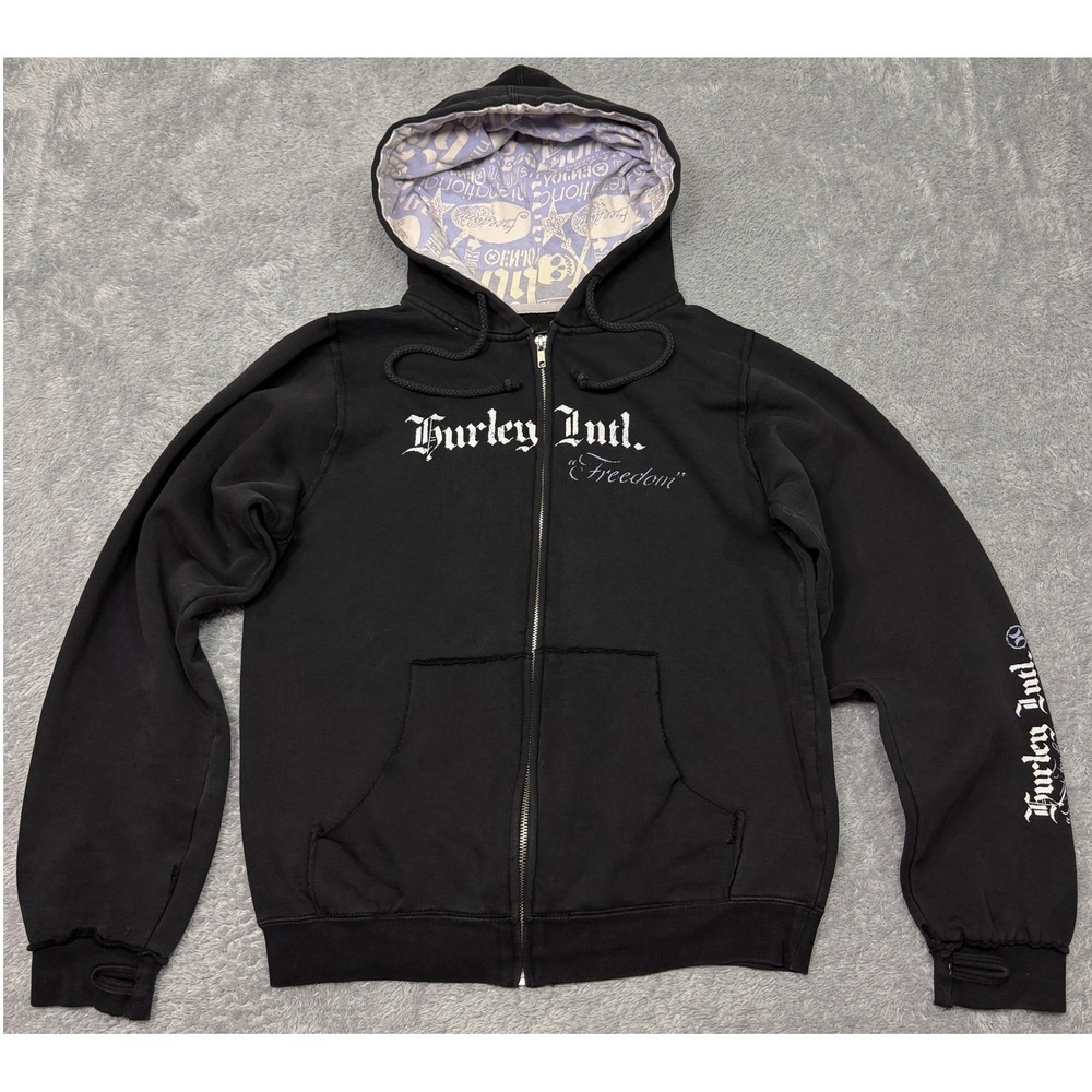 Vintage Hurley Hoodie Women M Black Freedom Goth Y2K Skater Thumbholes Zip Up